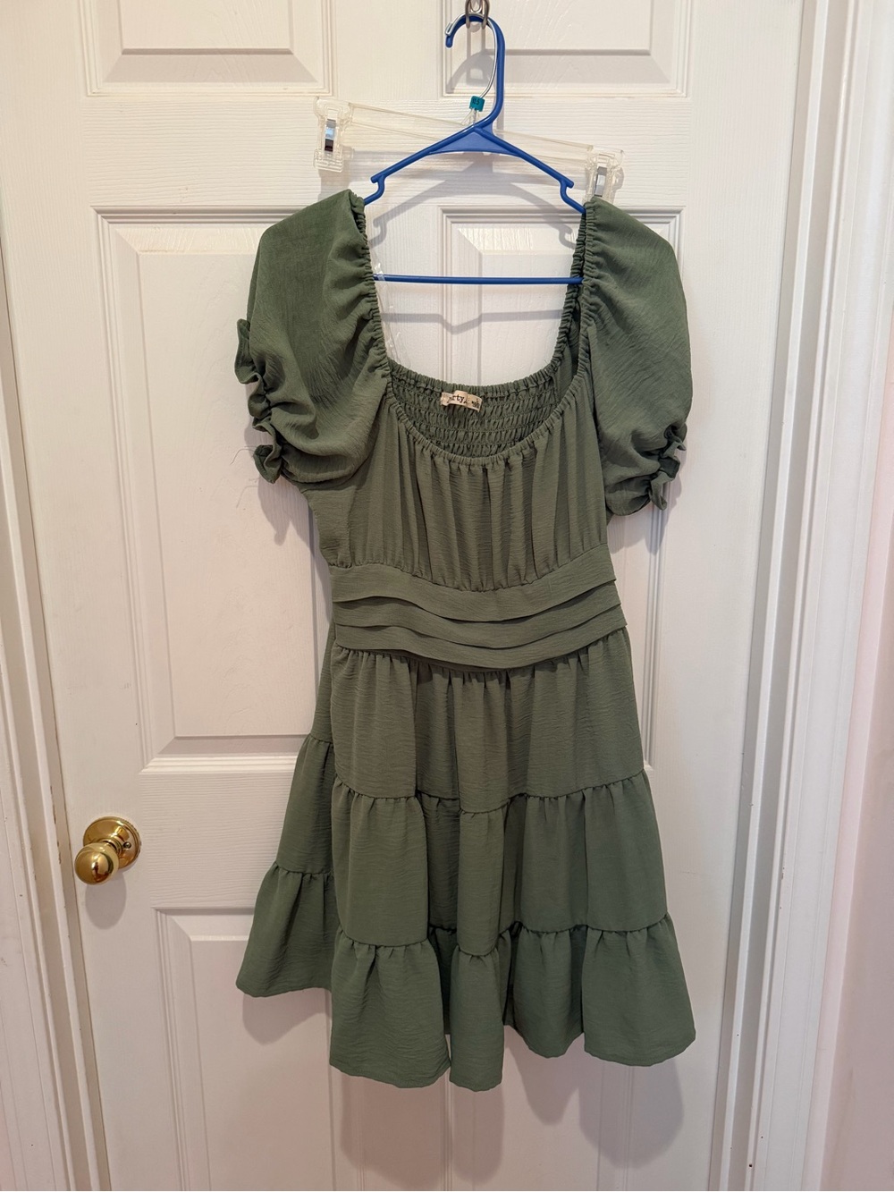 Liberty Love Olive Green Smocked Tiered Mini Dress L